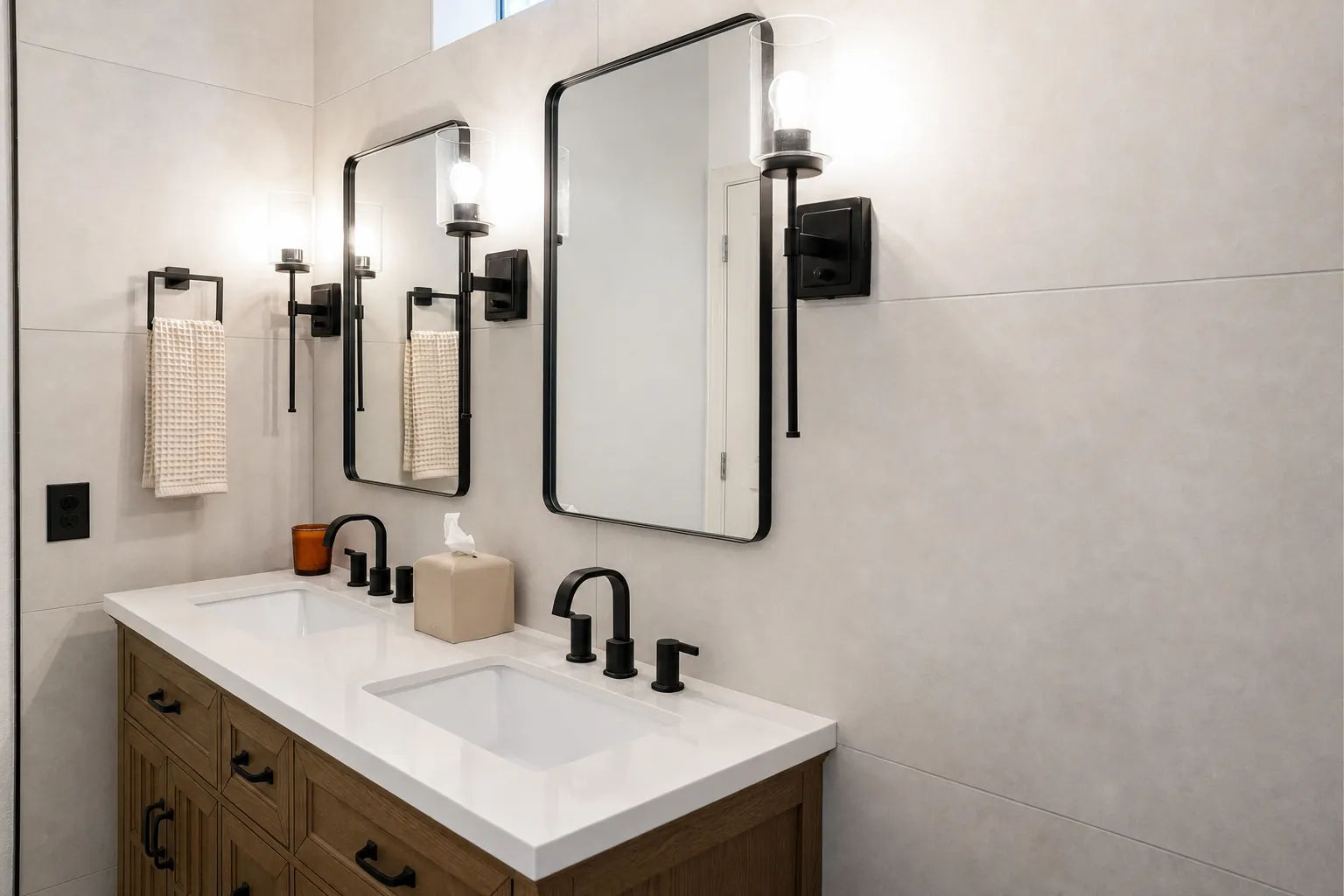 Double vanity with stone counter and modern sconces