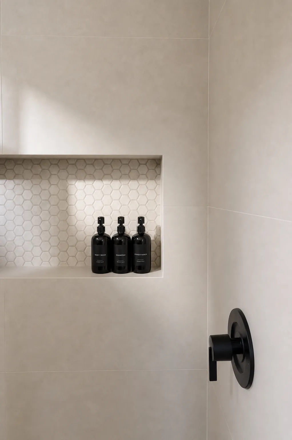 Custom hexagon-tile shower niche
