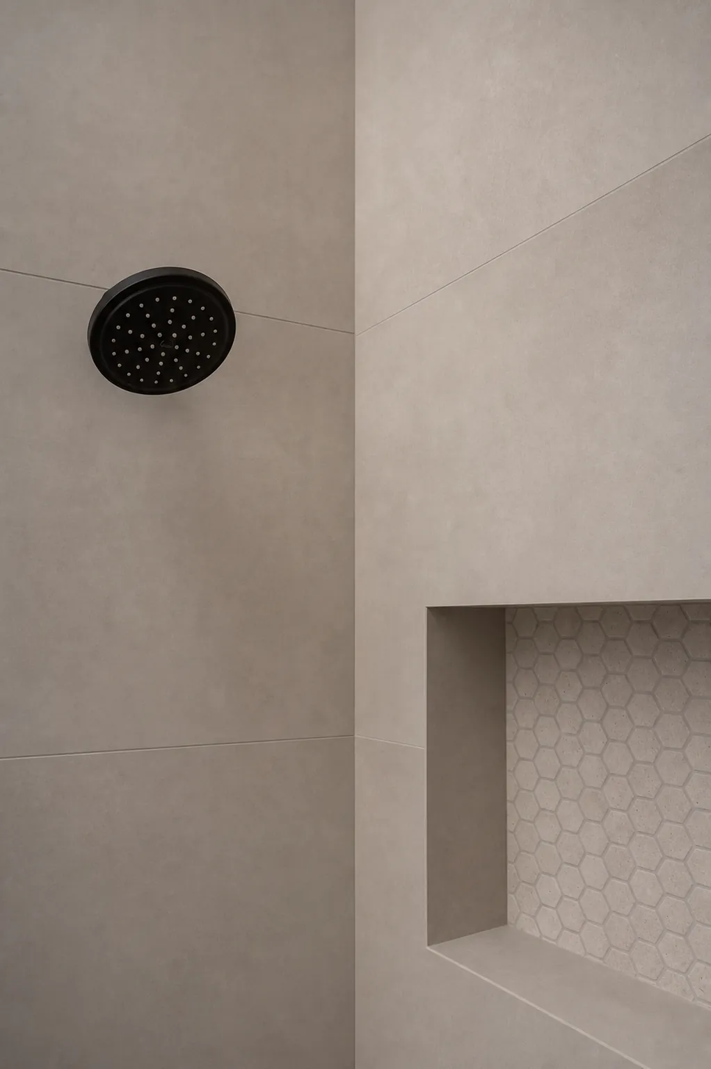 Matte-black rain shower head in a tiled shower